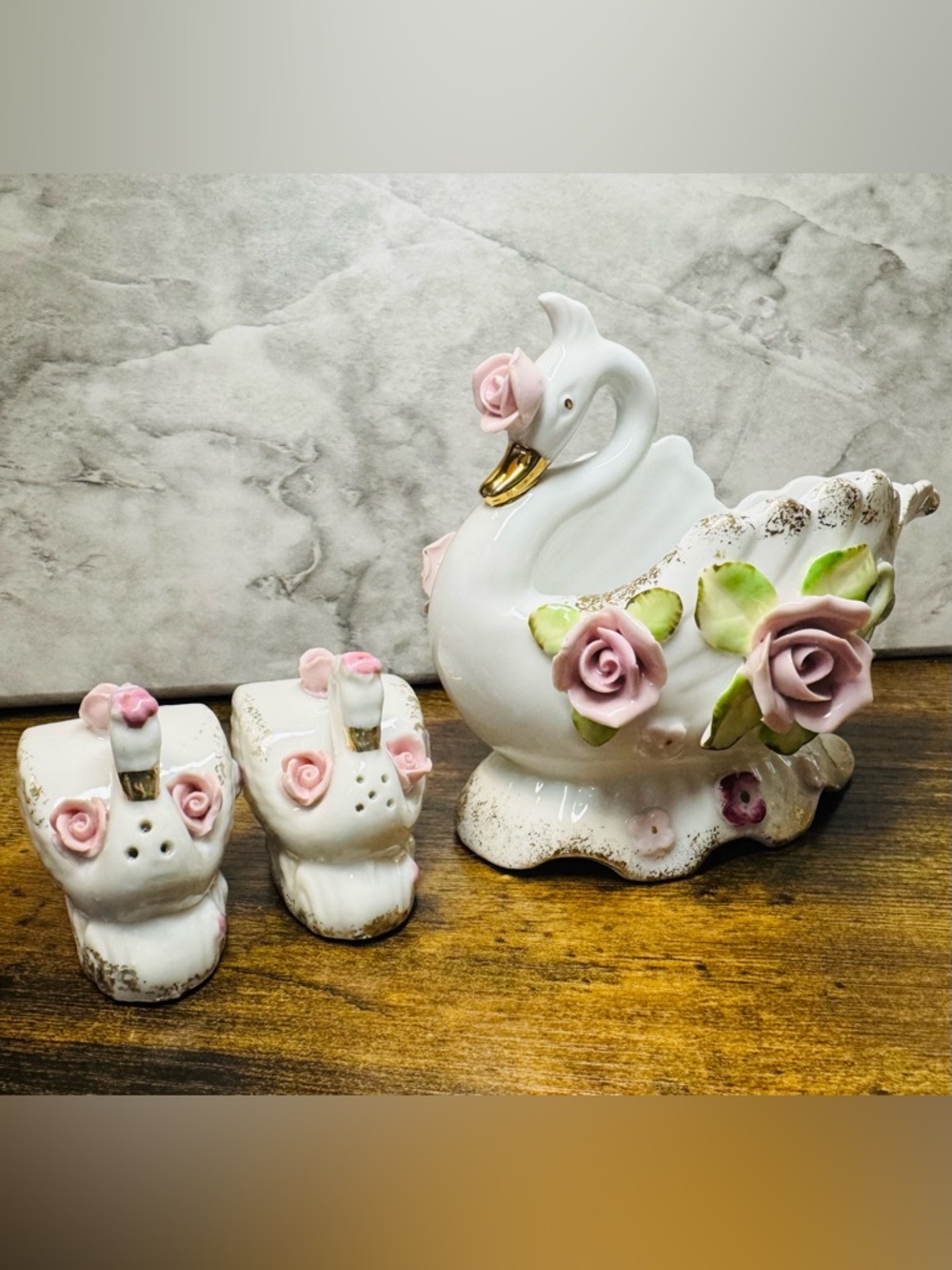 Vintage Porcelain Swan Planter Vase w/ Japan Salt & Pepper Shakers Pink Roses